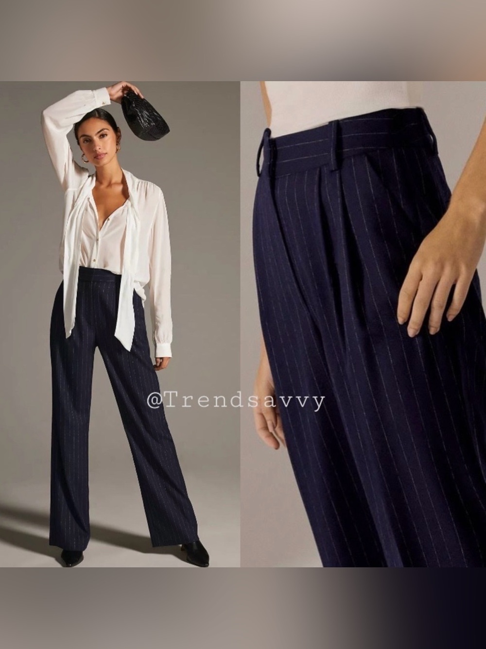 Anthropologie Favorite Daughter Navy Pinstripe Wide Leg High Rise Trouser Pants - Picture 7 of 8